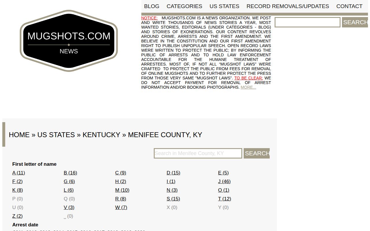 Unofficial Mugshots.com Menifee County archive page