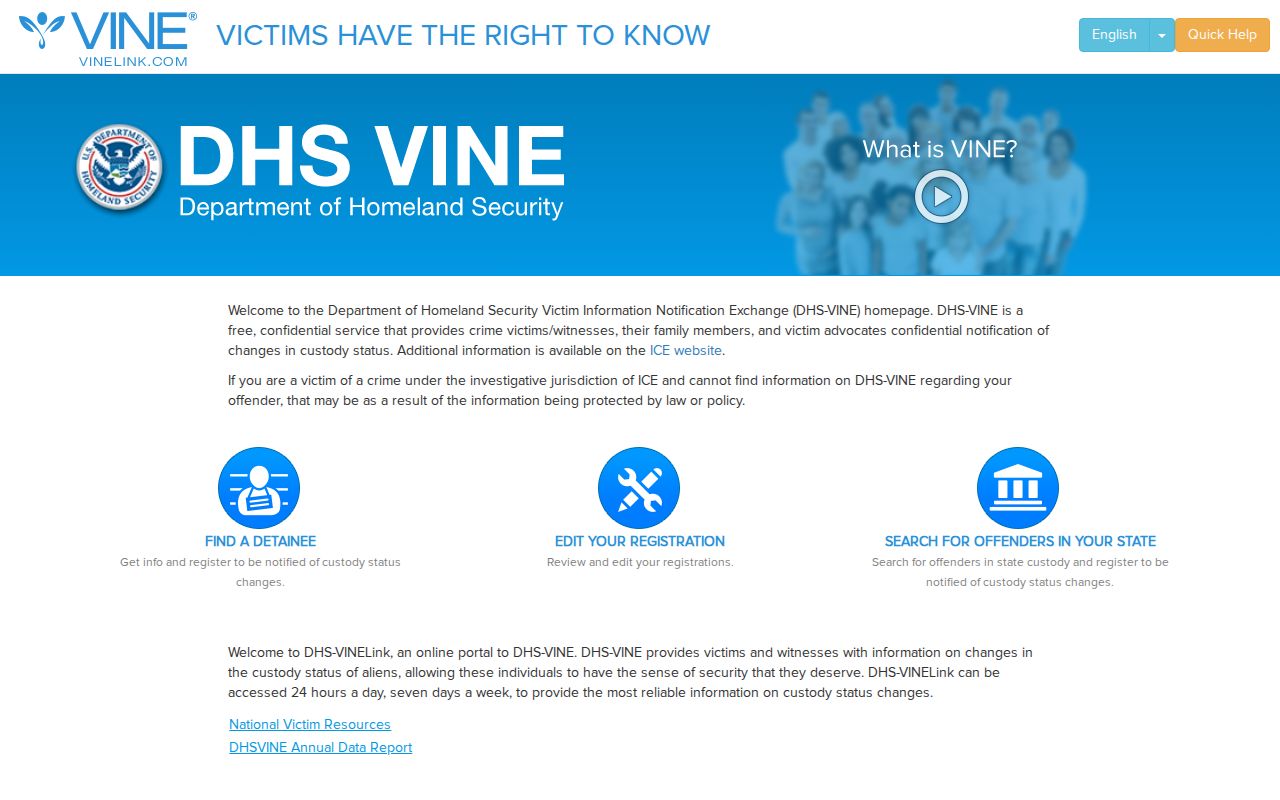 DHS-VINE federal immigration custody search interface